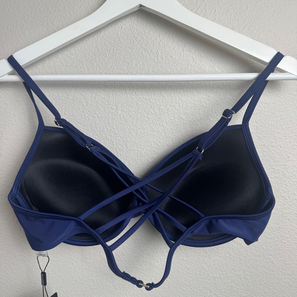 Relleciga Womens Navy Blue Twisted Front Crisscross Back Bikini Top Size XL NEW - Picture 2 of 7
